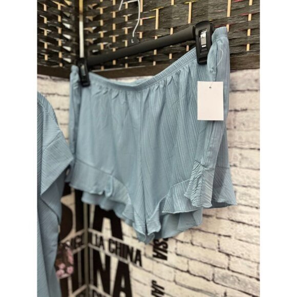 Midnight Bakery L Pajamas Set Aqua Blue Textured Cap Sleeve Top & Ruffle Shorts - Picture 3 of 6